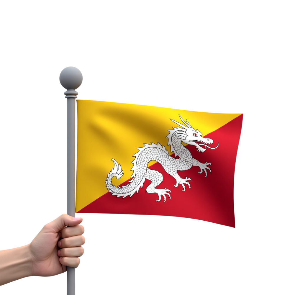Waving National Flag of Bhutan Held by Hand on Pole - Patriotism & Country Symbol - Bhutan National Day 25