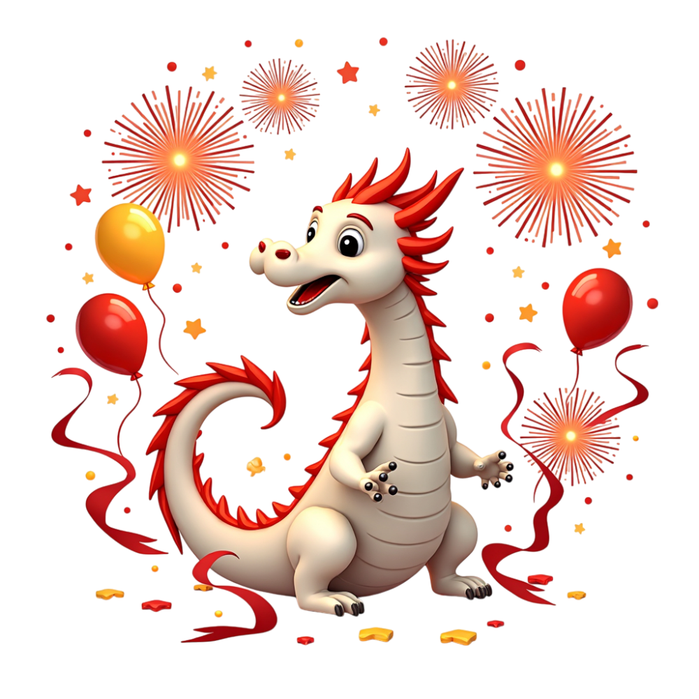 Festive Cartoon Dragon Celebrating Lunar New Year with Fireworks, Balloons & Confetti - Bhutan National Day 26