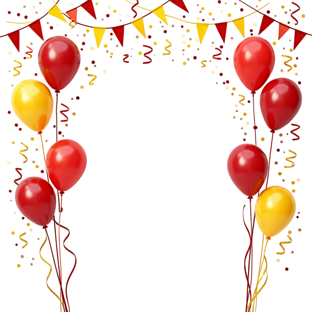 Vibrant Celebration Arch with Red and Yellow Balloons, Confetti, and Bunting - Bhutan National Day 27