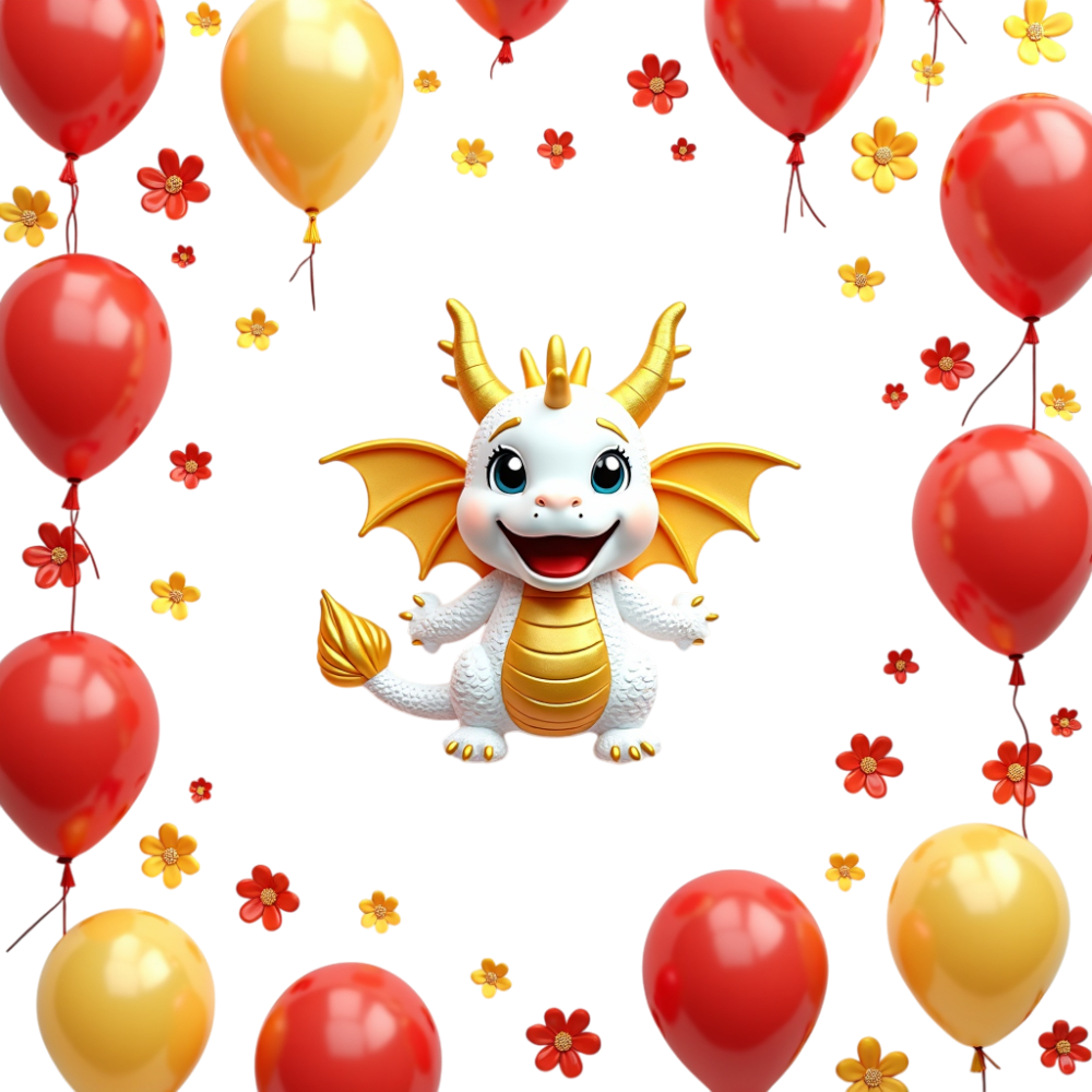 Cartoon Dragon Celebration with Red and Gold Balloons and Flowers - Bhutan National Day 29