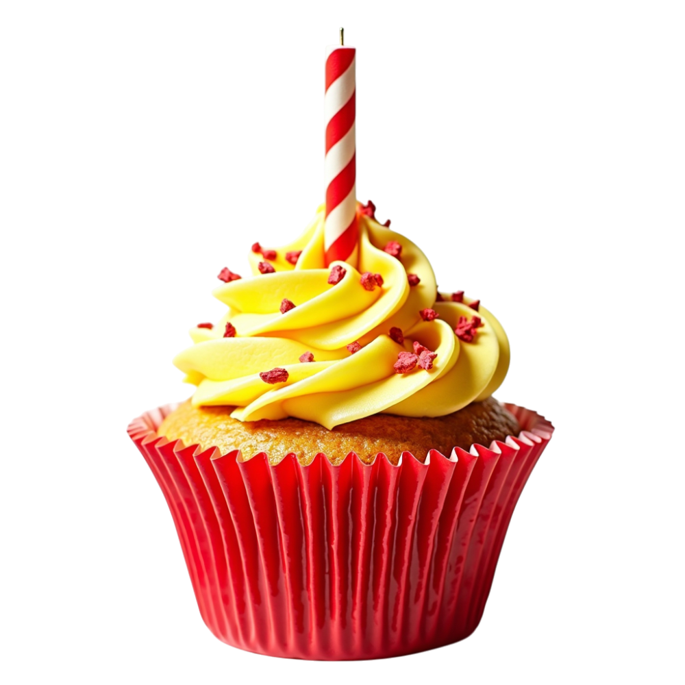 Birthday Cupcake with Yellow Frosting, Red Sprinkles, and Striped Candle on Black Background - Bhutan National Day 30