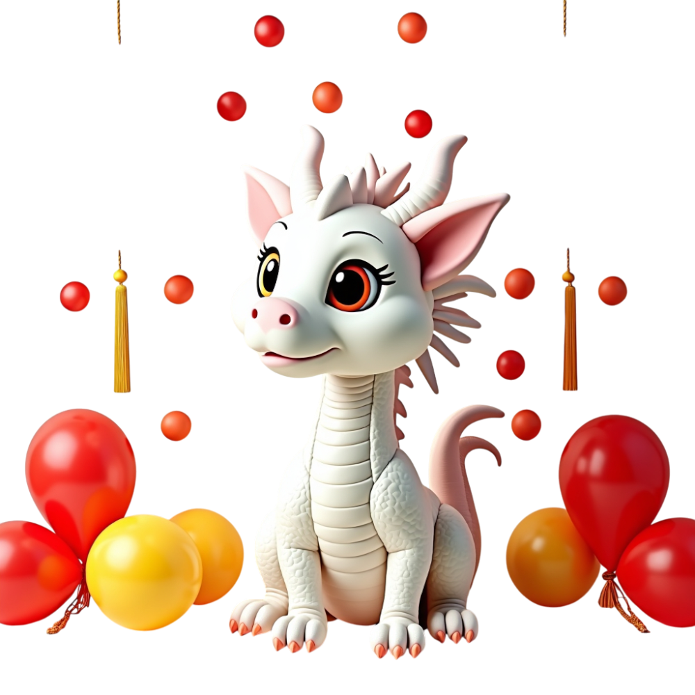 Joyful White Baby Dragon with Festive Red and Gold Decorations - Bhutan National Day 31