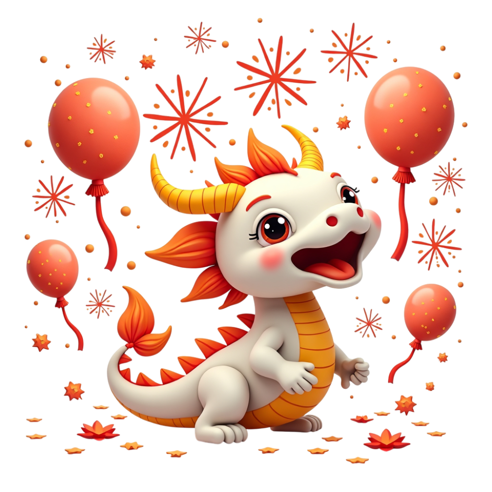 Year of the Dragon: Festive White & Orange Mythical Creature with Balloons & Confetti - Bhutan National Day 32