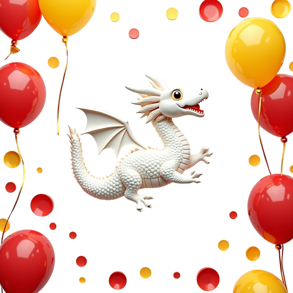 White Cartoon Dragon with Festive Red & Yellow Balloons and Confetti on Black Background - Bhutan National Day 45