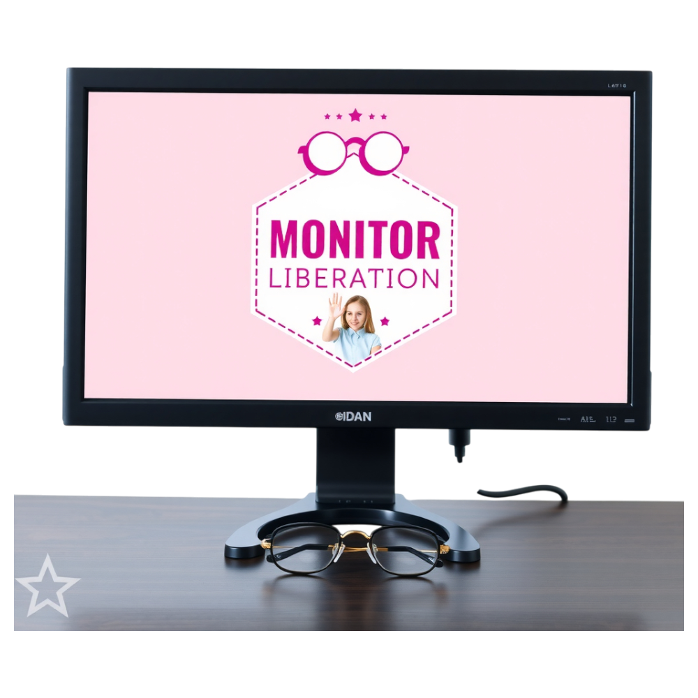 Eye Care Concept: Monitor Screen with 'Monitor Liberation' Message and Glasses - Bifocals At The Monitor Liberation Day 11