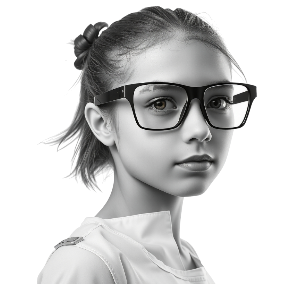 Serious Young Girl Wearing Glasses - Black and White Child Portrait - Bifocals At The Monitor Liberation Day 13