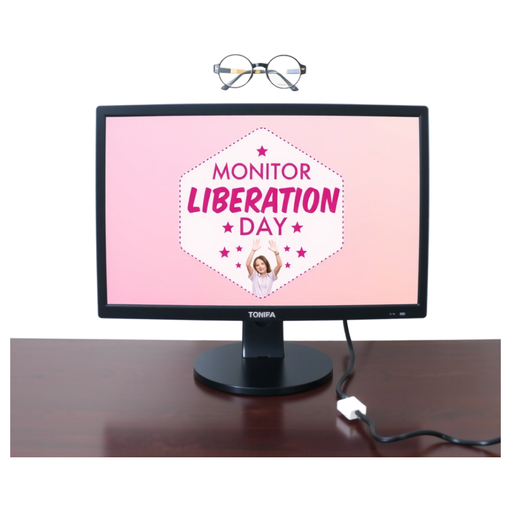 Computer Monitor Displaying Liberation Day Message and Eyeglasses - Bifocals At The Monitor Liberation Day 14