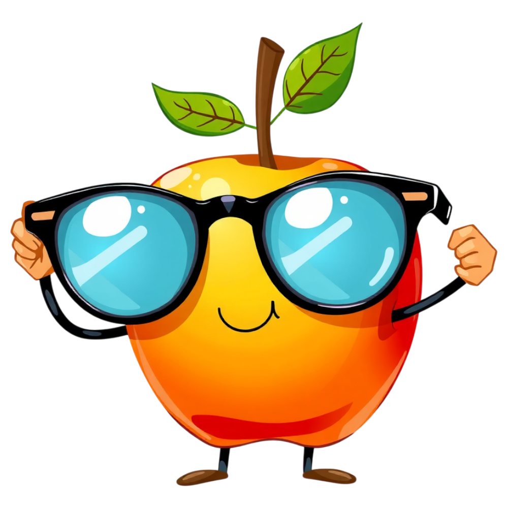 Clever Cartoon Apple Wearing Glasses - Education & Learning Mascot Illustration - Bifocals At The Monitor Liberation Day 17