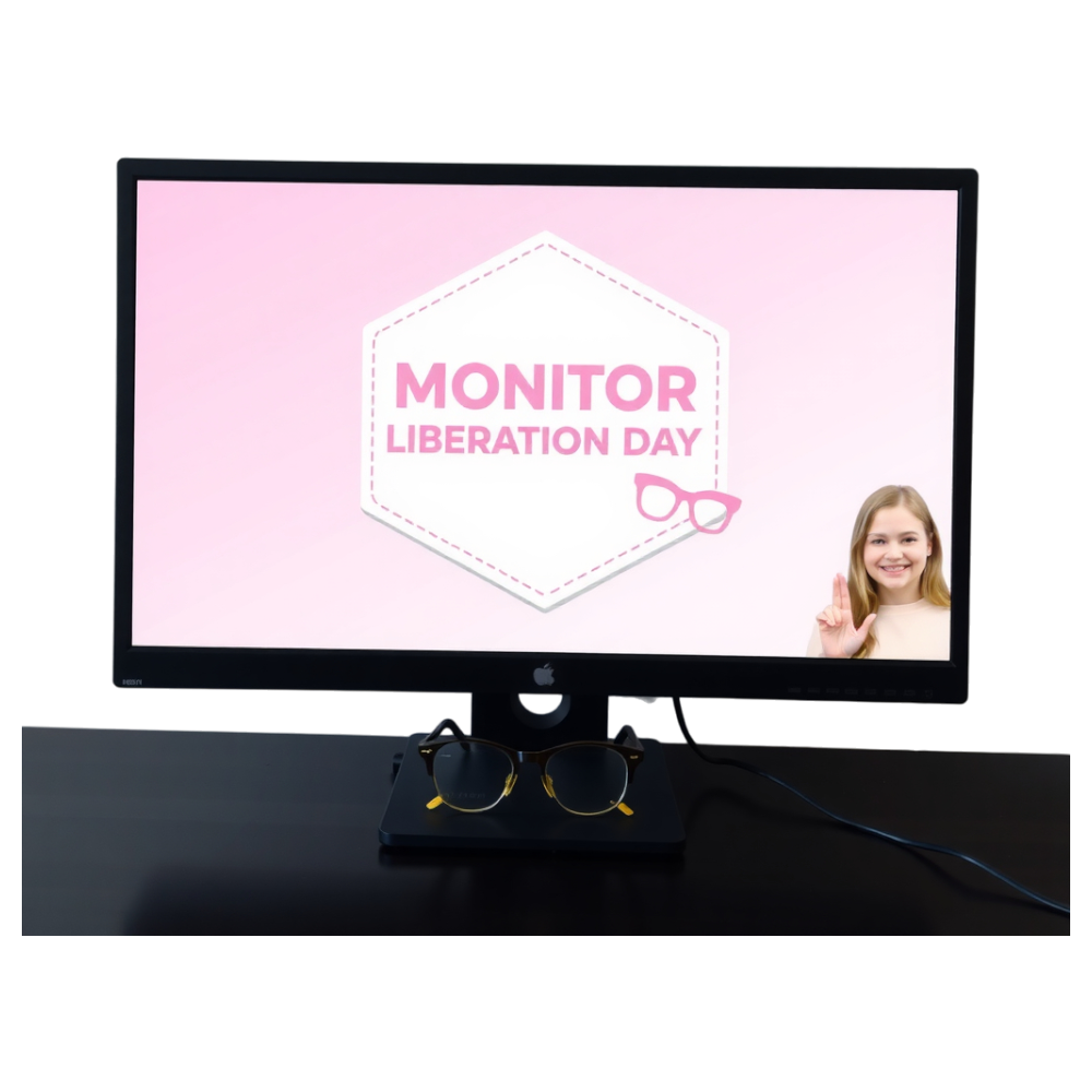 Monitor Liberation Day message on computer screen with eyeglasses and happy youth - Bifocals At The Monitor Liberation Day 18