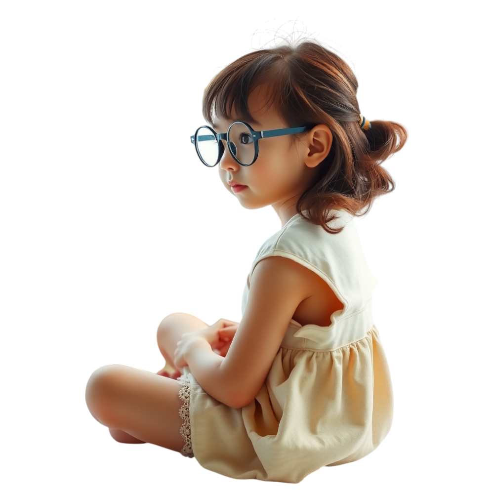 Thoughtful Young Girl in Round Glasses Sitting Cross-Legged - Bifocals At The Monitor Liberation Day 19