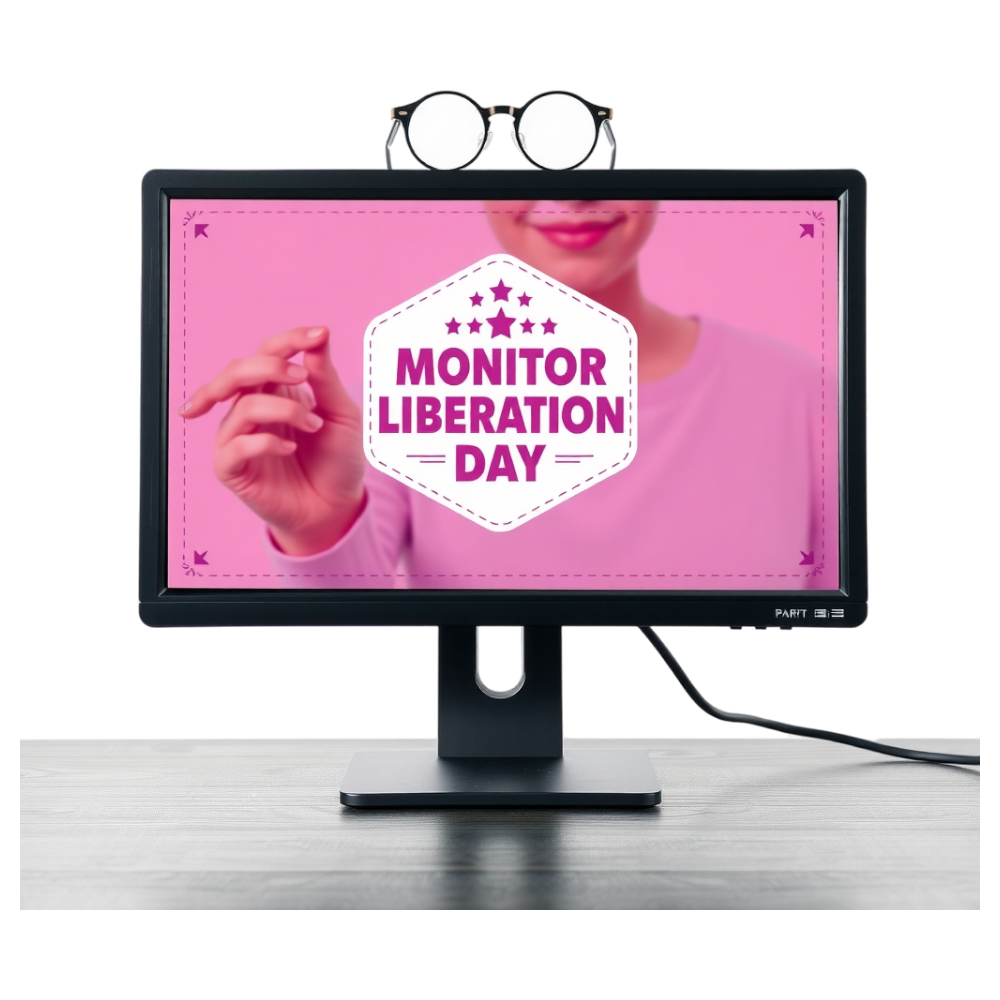 Monitor Liberation Day Concept on Desktop Screen with Glasses - Bifocals At The Monitor Liberation Day 2