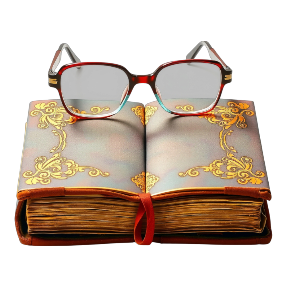 Ornate Open Book with Vintage Pages and Reading Eyeglasses - Bifocals At The Monitor Liberation Day 28