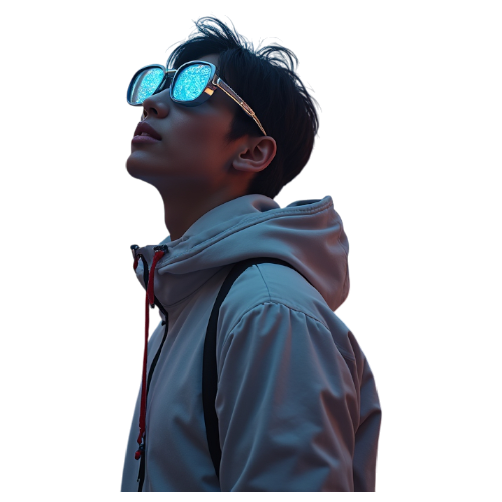 Young person wearing futuristic glowing digital glasses looking up - Bifocals At The Monitor Liberation Day 29