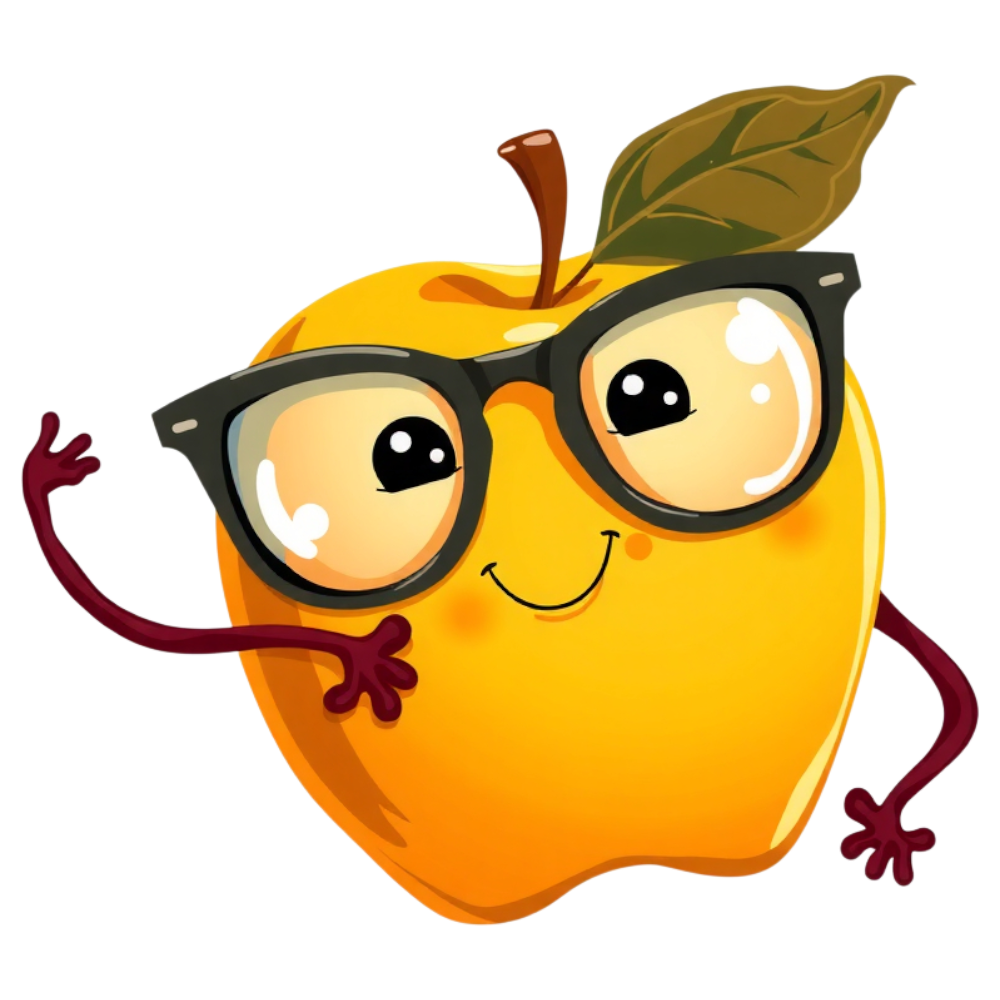 Cheerful Golden Apple Character Wearing Glasses, Waving - Learning Mascot - Bifocals At The Monitor Liberation Day 6