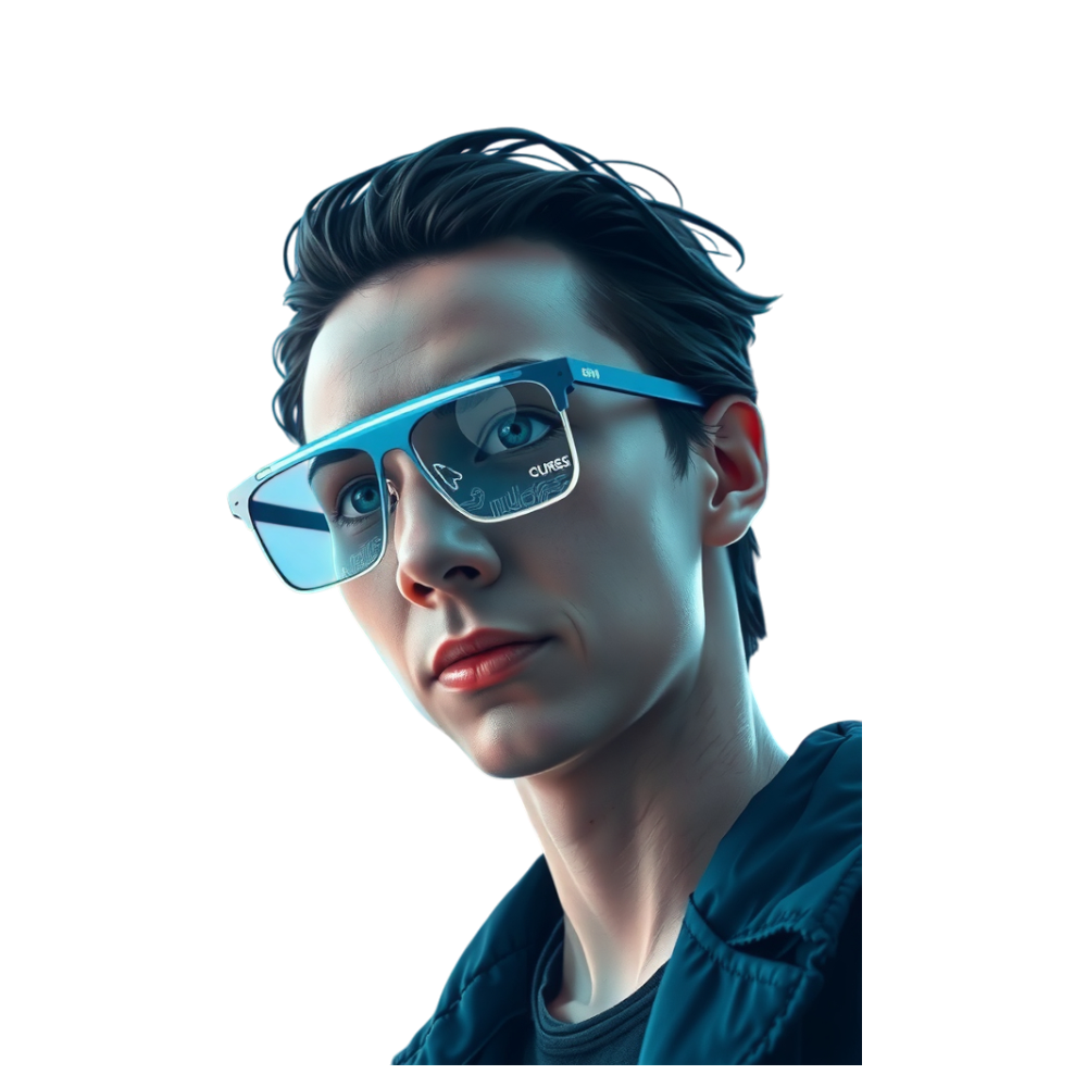 Young Man in Futuristic Augmented Reality Glasses. Digital Display Eyewear & Cyberpunk Style. - Bifocals At The Monitor Liberation Day 9