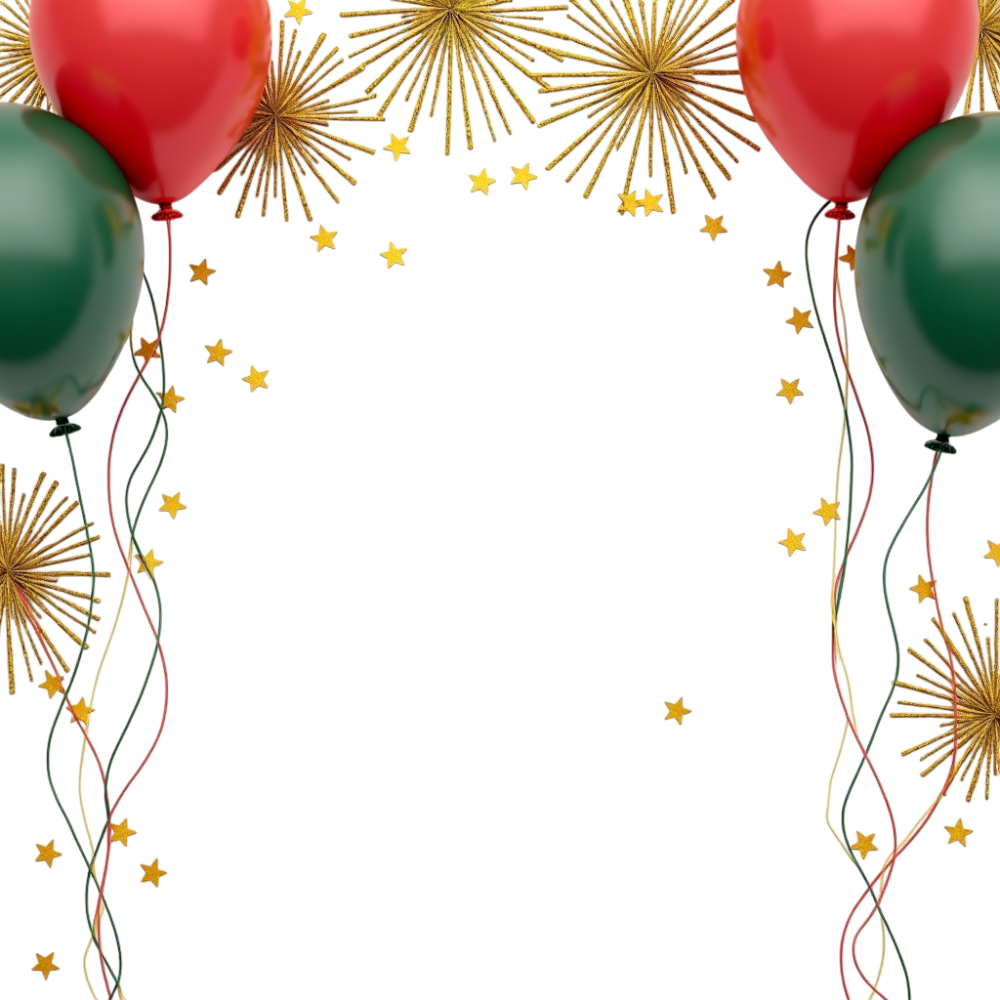 Festive Red Green Balloons Golden Confetti Sparkle Border on Black Backdrop - Burkina Faso Republic Day 21