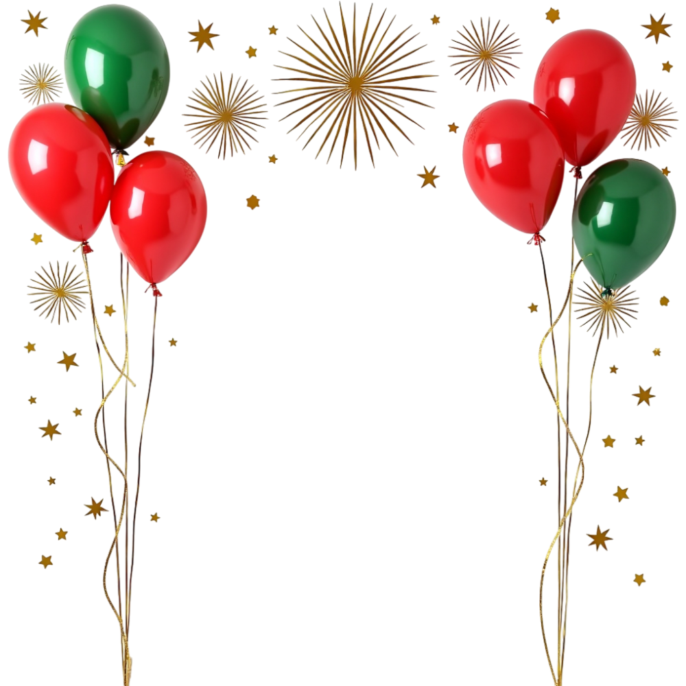 Festive Frame with Red & Green Balloons, Golden Stars & Sparkles on Black - Burkina Faso Republic Day 8