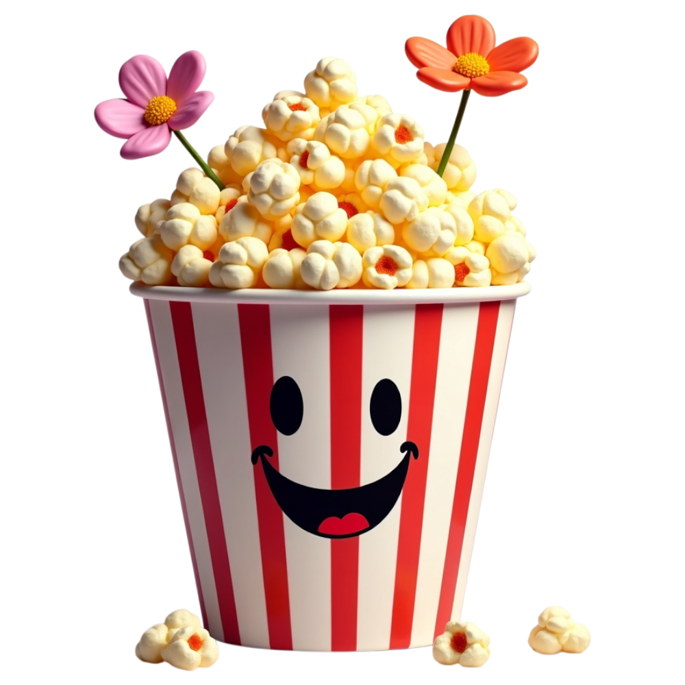 Happy Popcorn Bucket with Cheerful Smile and Colorful Flowers, Entertainment Snack - Business Of Popping Corn Day 1