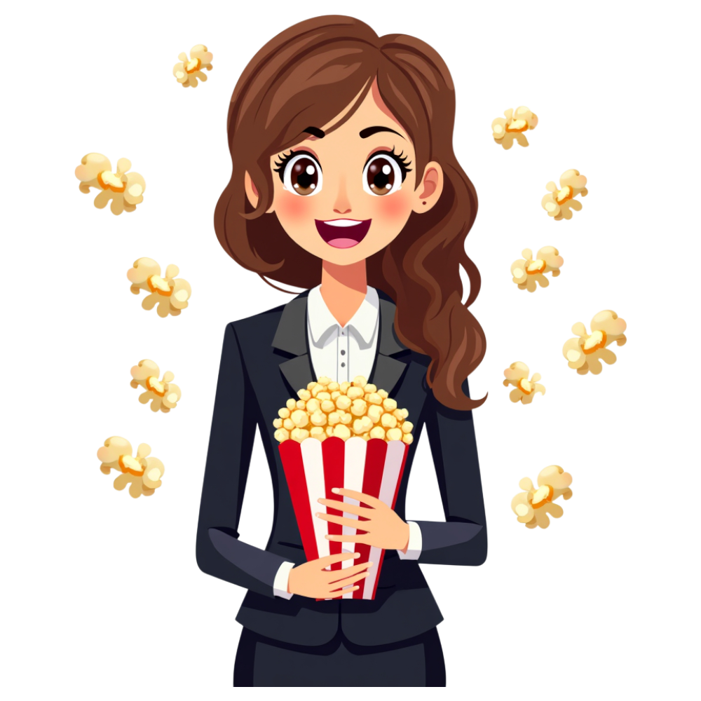 Happy Professional Woman with Popcorn Bucket - Cinema, Entertainment & Relaxation Concept - Business Of Popping Corn Day 10