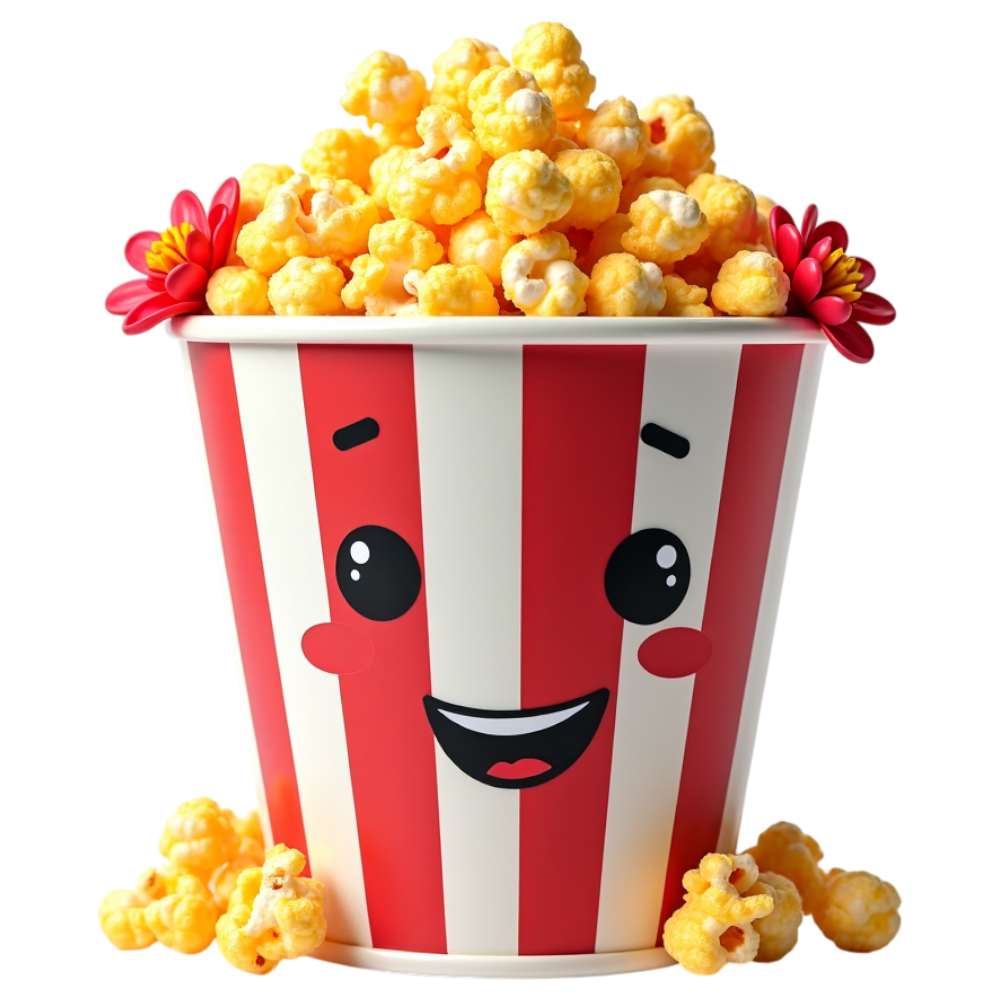 Smiling Popcorn Bucket with Red Stripes, Yellow Kernels, and Festive Flowers - Business Of Popping Corn Day 11