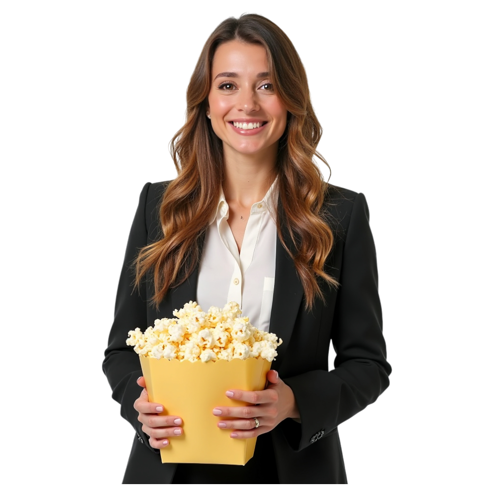 Smiling Young Woman in Business Attire Holding a Box of Popcorn - Business Of Popping Corn Day 14