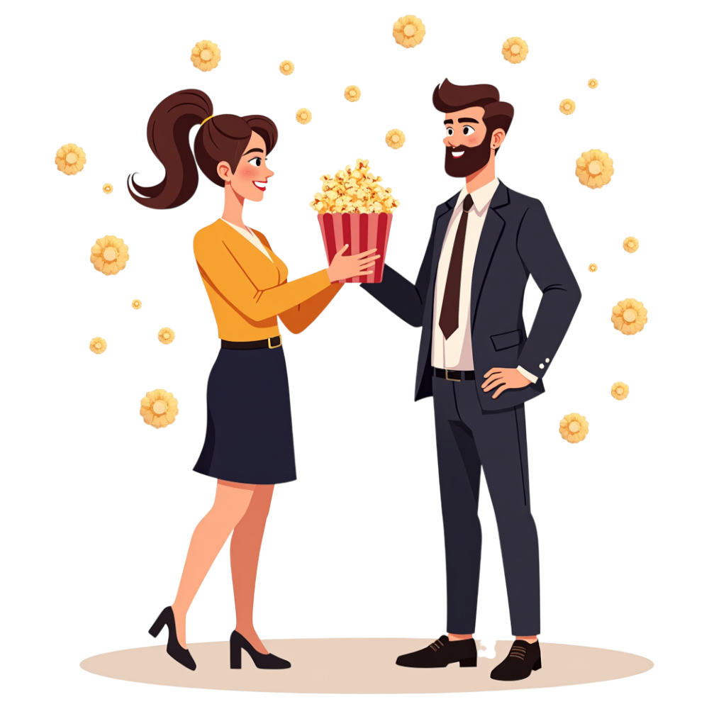 Professionals Sharing Popcorn Bucket: Movie Break, Entertainment, or Casual Office Treat - Business Of Popping Corn Day 16