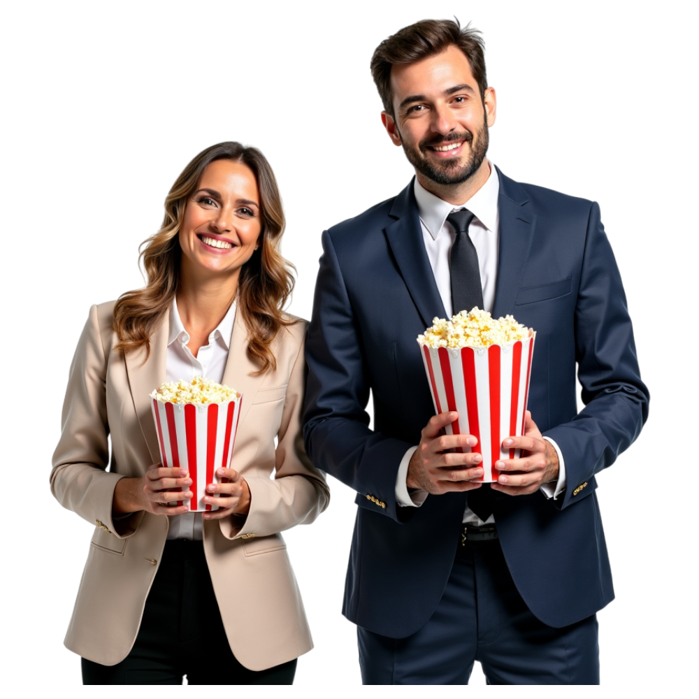 Smiling Professionals Holding Popcorn Buckets – Entertainment & Leisure. - Business Of Popping Corn Day 18