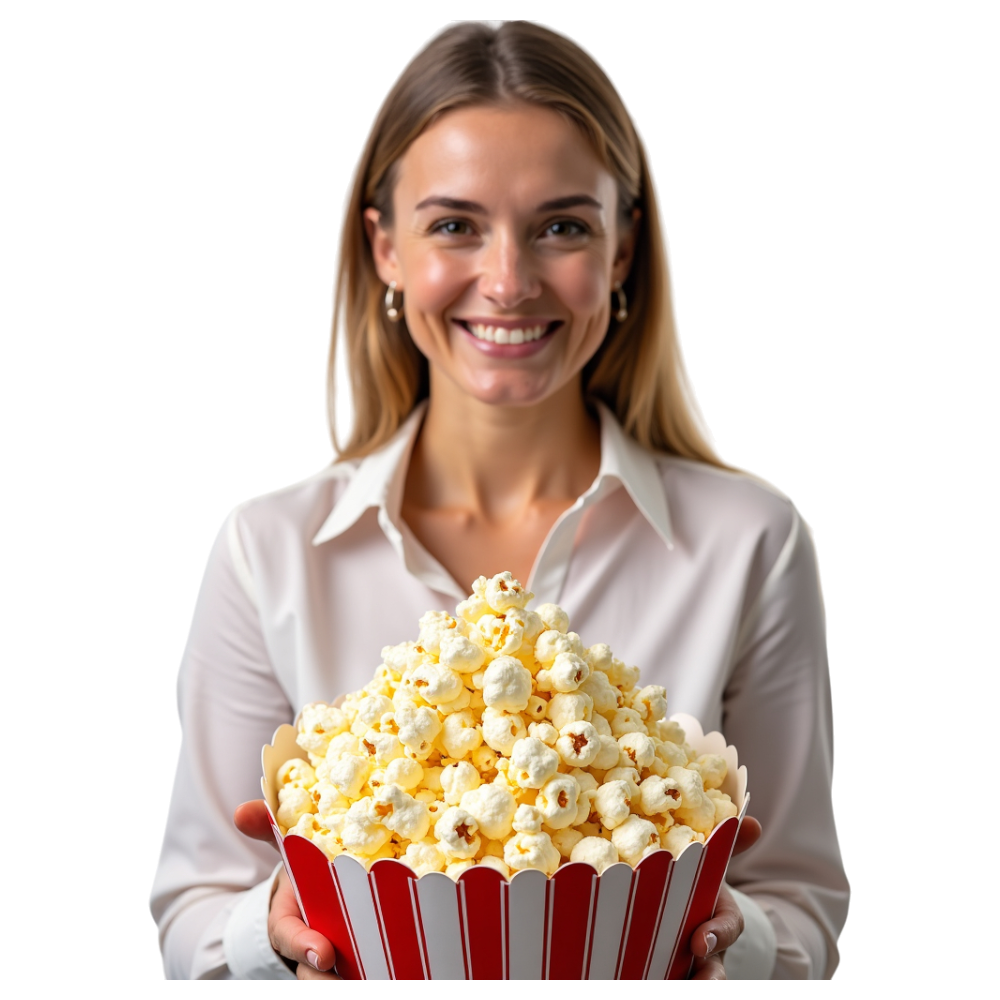 Joyful Woman Holding Large Popcorn Tub. Cinema, Film, & Snack Time Delight. - Business Of Popping Corn Day 24