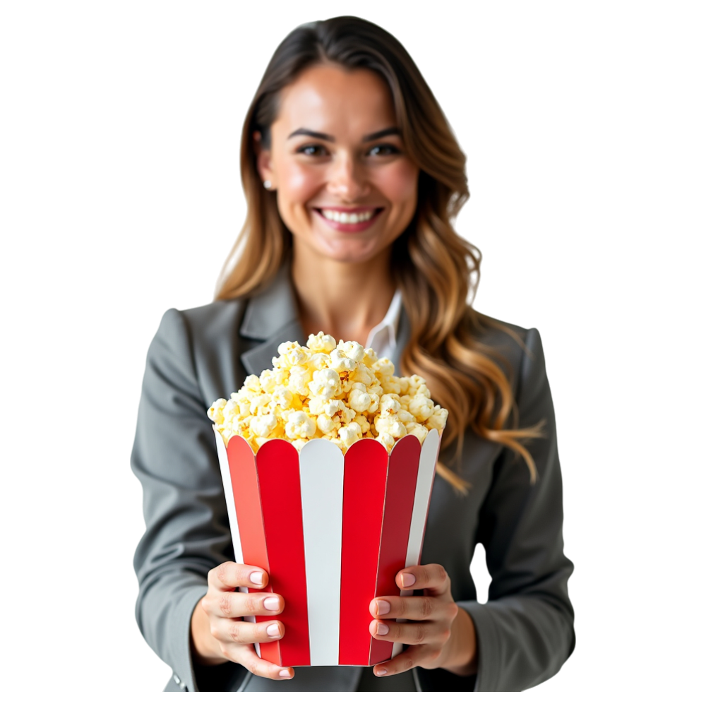 Smiling Woman Presenting Popcorn Bucket - Business Of Popping Corn Day 3