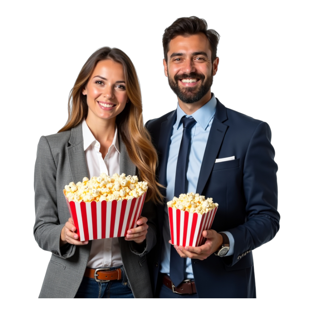 Smiling Business Couple Holding Popcorn for Entertainment - Business Of Popping Corn Day 4