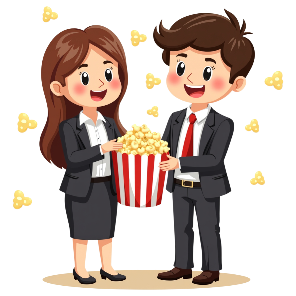 Business Professionals Sharing Popcorn, Corporate Team Enjoying Cinema Snack or Fun Break - Business Of Popping Corn Day 6