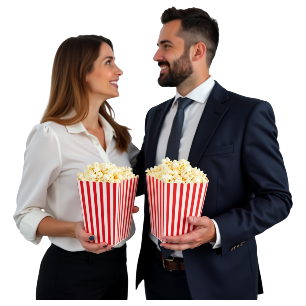 Smiling Professional Couple with Popcorn, Ready for Entertainment or Movie Night - Business Of Popping Corn Day 7