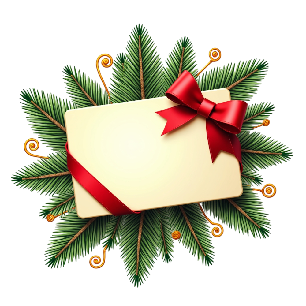 Festive Card with Red Bow, Evergreen Foliage, and Golden Ornaments - Christmas Card Day 10