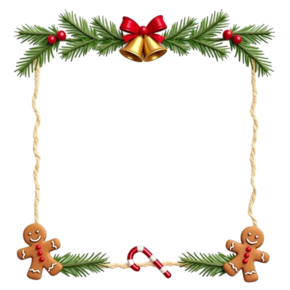 Festive Yuletide Border with Gingerbread Cookies, Pine Branches, Bells, and Candy Cane - Christmas Card Day 13