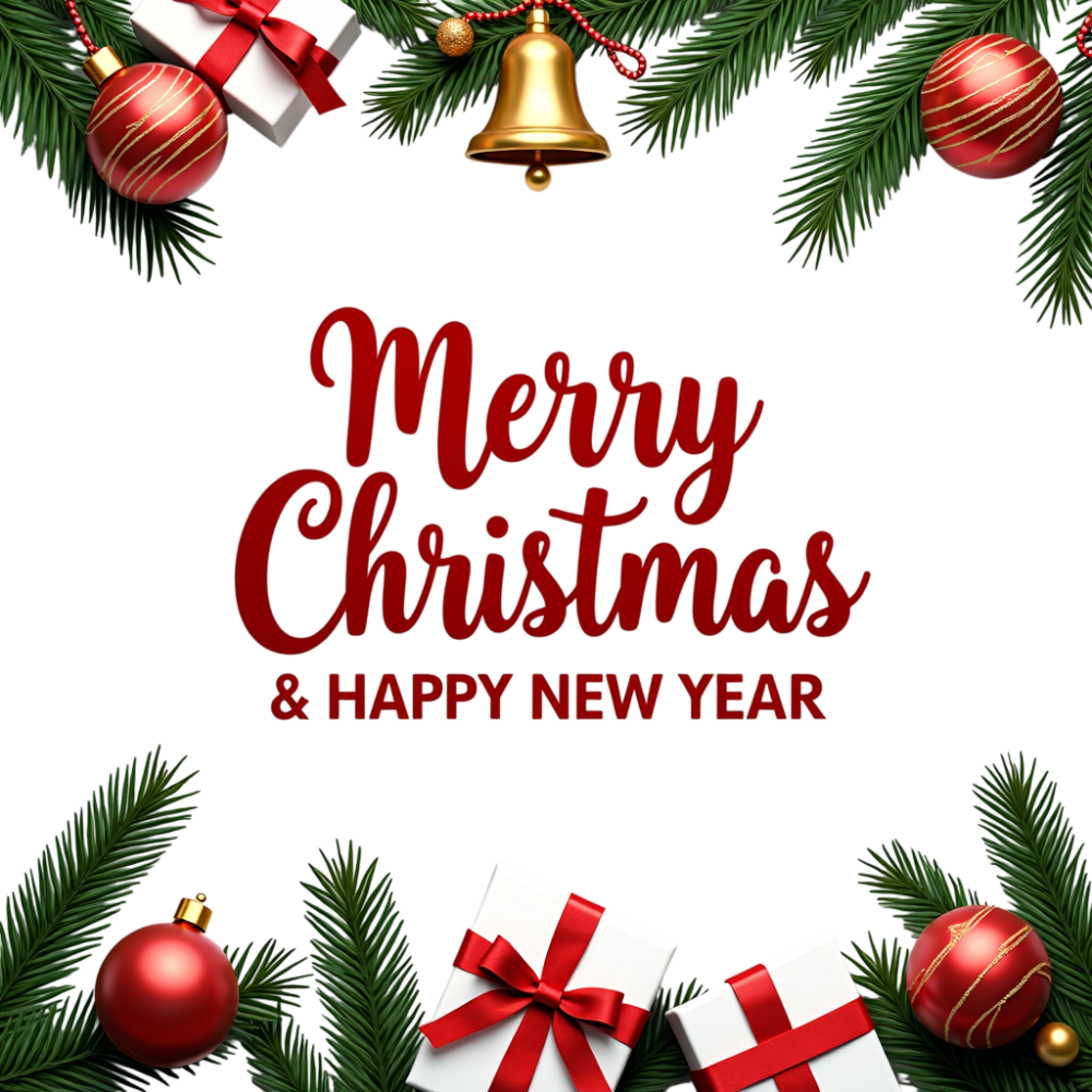 Merry Christmas & Happy New Year Festive Border with Pine, Ornaments, Gifts, and Bell - Christmas Card Day 18
