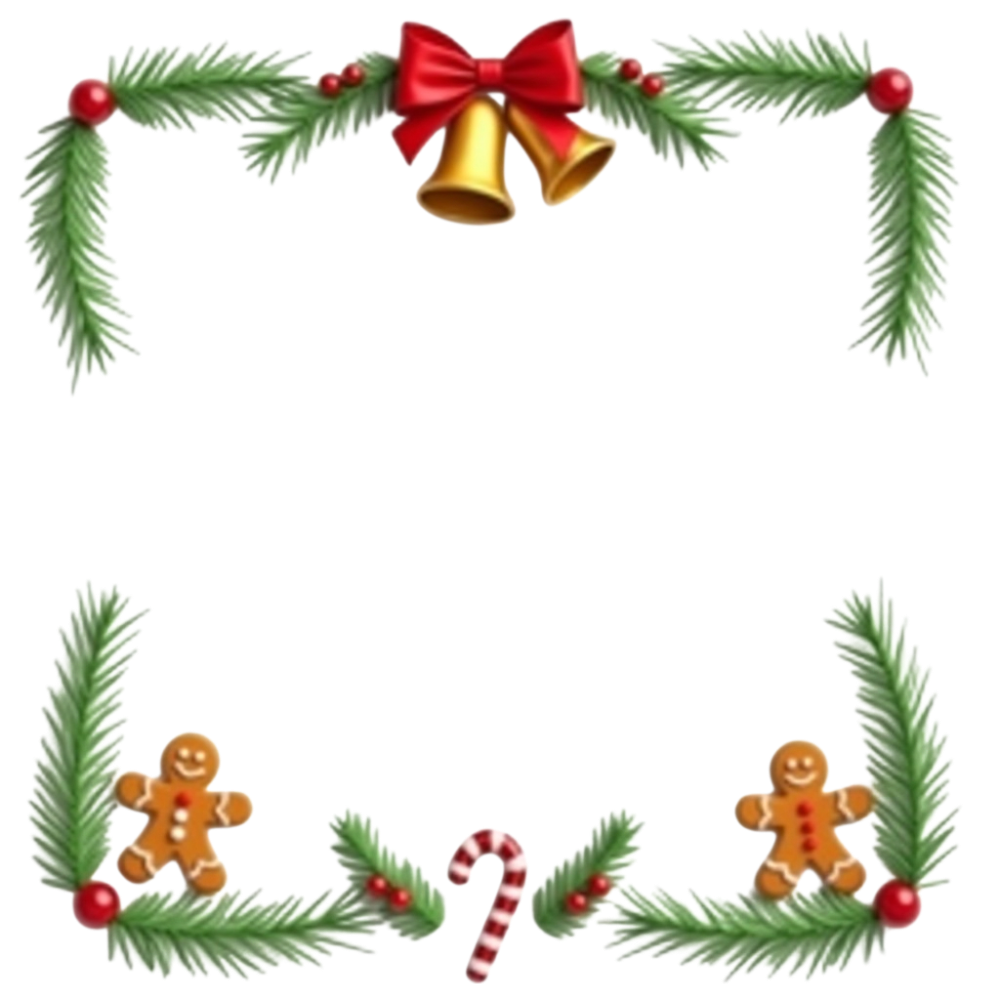 Merry Christmas Festive Frame with Pine Branches, Golden Bells, Gingerbread & Candy Cane - Christmas Card Day 3