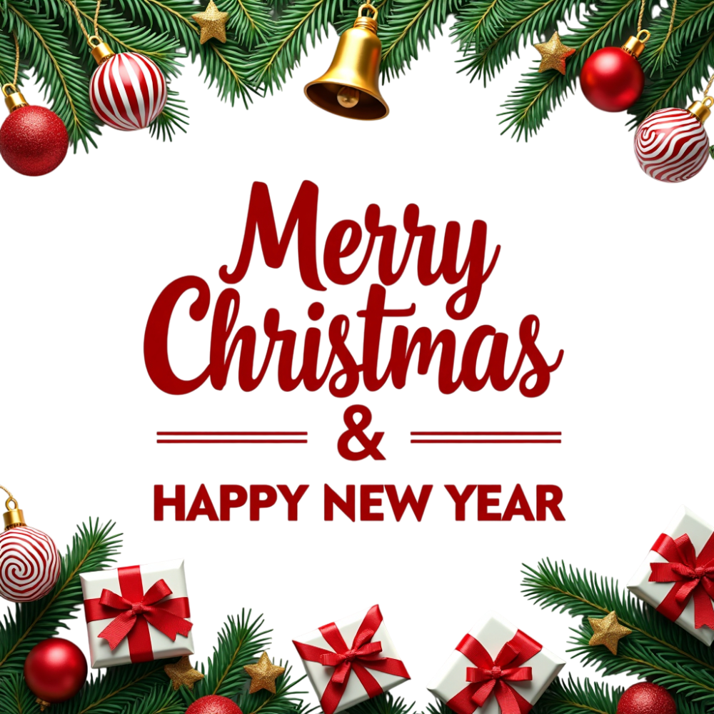 Merry Christmas and Happy New Year Wishes Framed by Seasonal Ornaments & Gifts - Christmas Card Day 4