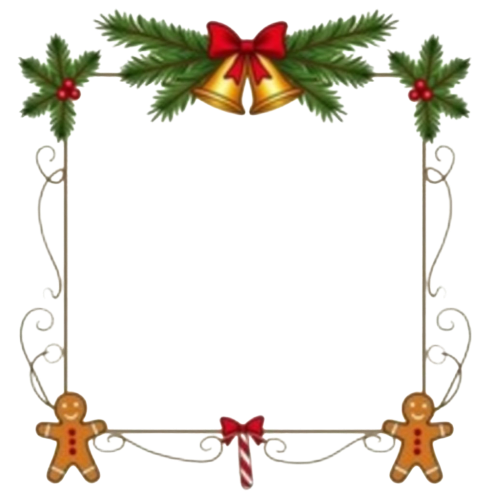 Festive Christmas Holiday Frame with Gingerbread Men, Bells, Holly & Evergreen Garland Border Design - Christmas Card Day 6