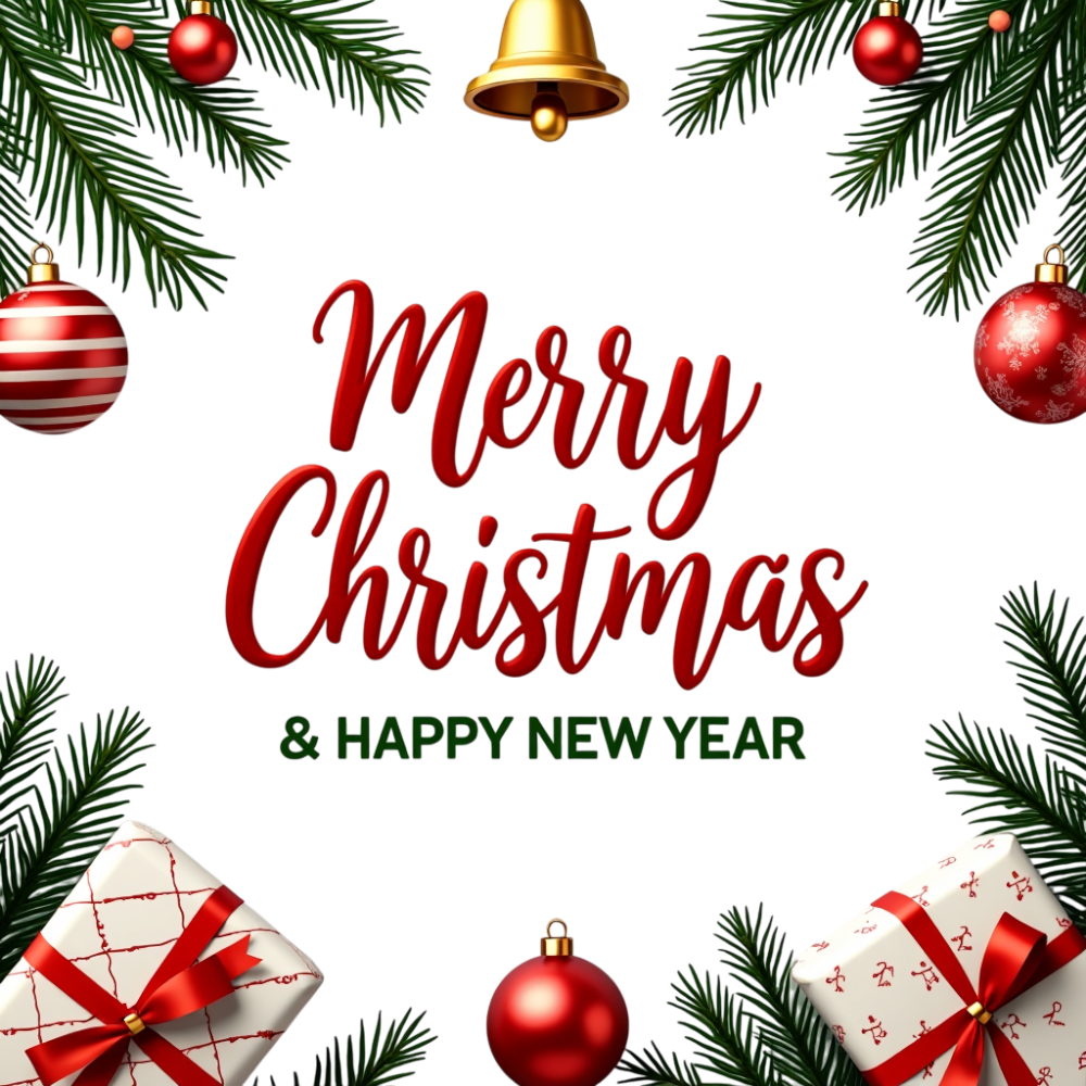 Merry Christmas & Happy New Year Festive Greeting with Ornaments and Presents - Christmas Card Day 7