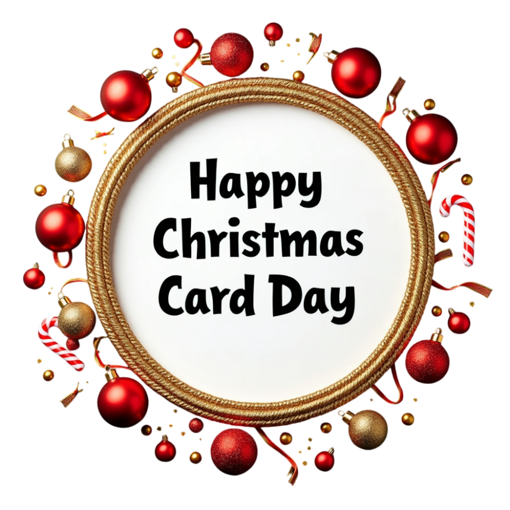 Festive Christmas Card Day Wording in Golden Frame with Red & Gold Ornaments on Black - Christmas Card Day 8