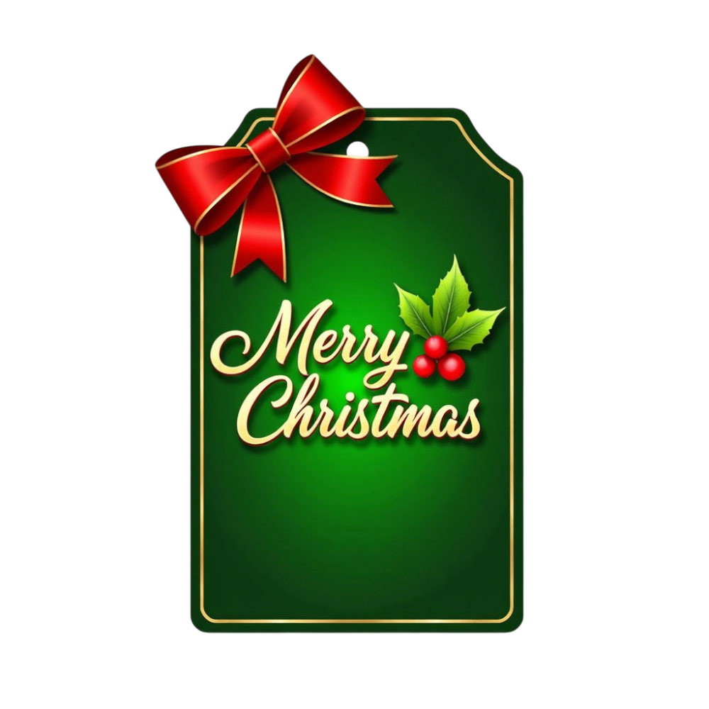 Merry Christmas Green Gift Tag with Red Bow and Holly Berries - Festive Holiday Greeting Label - Christmas Card Day 9