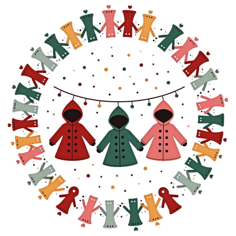 Community Connection: Festive Circle of Diverse Figures and Lights - Coats And Toys For Kids Day 1