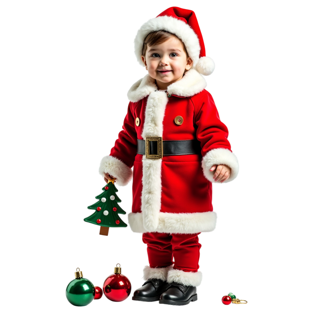 Festive Child Dressed as Santa Claus with Holiday Ornaments and Little Christmas Tree - Coats And Toys For Kids Day 10