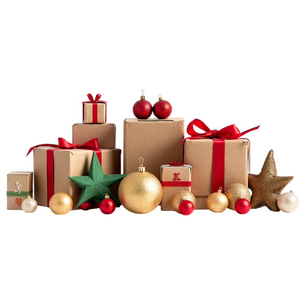Festive Holiday Presents and Ornaments Collection. Wrapped Gifts and Baubles for Celebrations. - Coats And Toys For Kids Day 12
