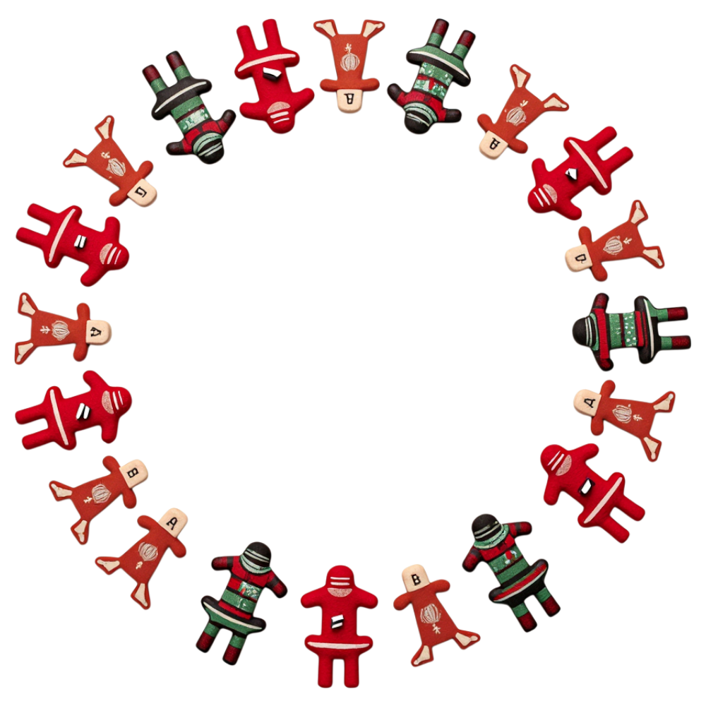 Festive Craft Figures Arranged in a Wreath on Black - Coats And Toys For Kids Day 16