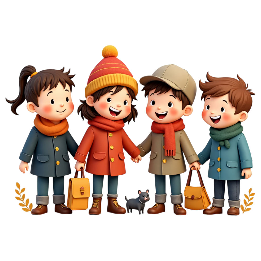 Cheerful Children in Winter Clothing Holding Hands, Group of Friends with Pet Puppy Illustration - Coats And Toys For Kids Day 18