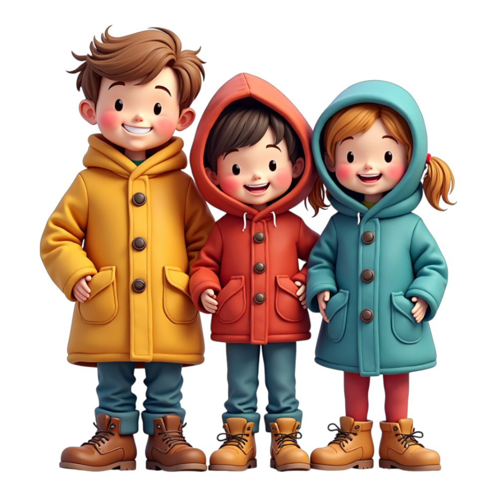 Three Cheerful Kids in Colorful Winter Coats and Boots Illustration - Coats And Toys For Kids Day 19
