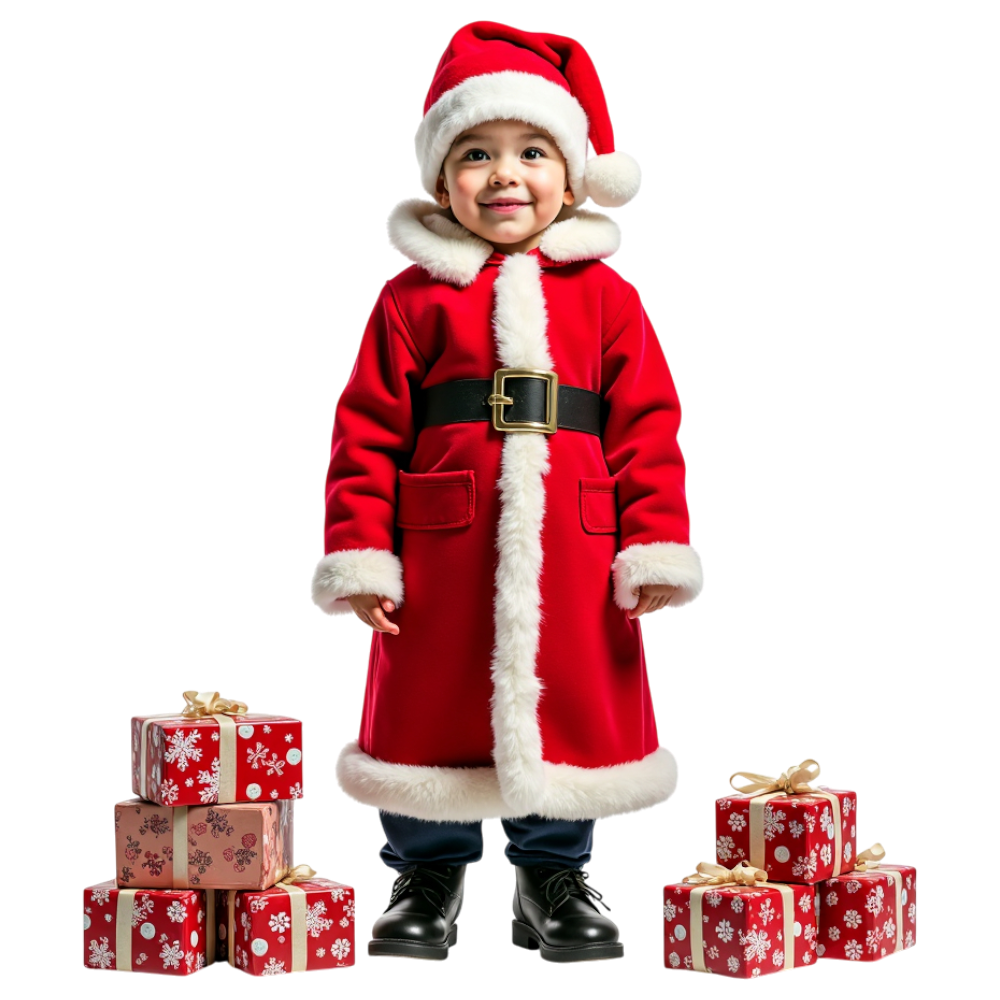 Smiling Child in Santa Costume with Christmas Gift Boxes - Coats And Toys For Kids Day 20