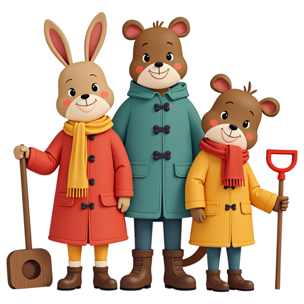 Smiling Cartoon Rabbit & Bear Characters in Winter Coats Holding Shovels - Coats And Toys For Kids Day 21