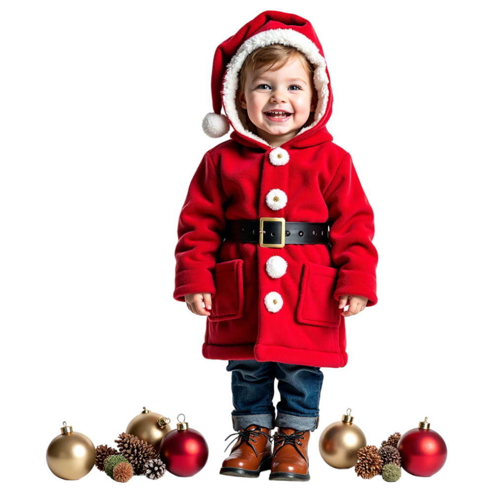 Smiling Toddler in Festive Santa Outfit with Christmas Decorations - Coats And Toys For Kids Day 3